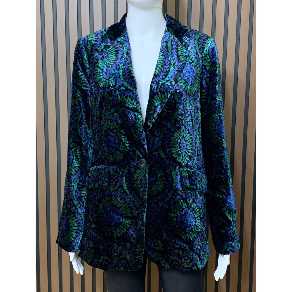 Talbots Velvet Blazer Blue Green Medallion Print Single Button Jacket Size 8
